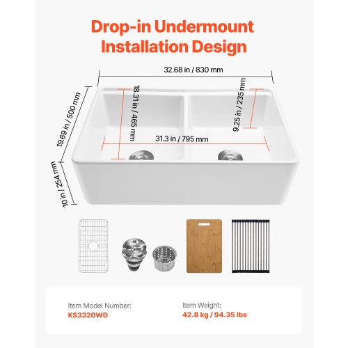VEVOR 33x20 inch Farmhouse Sink,White Sink Workstation,Fireclay Undermount Basins, Apron Front Double Bowl Basin with Multiple Accessories,Large
