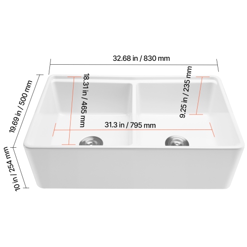 VEVOR 33x20 inch Farmhouse Sink,White Sink Workstation,Fireclay Undermount Basins, Apron Front Double Bowl Basin with Multiple Accessories,Large