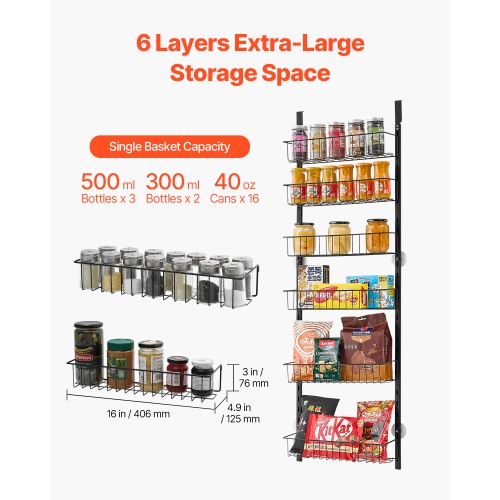 VEVOR 6-Tier Over the Door Pantry Organizer, Pantry Organization and Storage, Heavy-Duty Steel Hanging Spice Rack, Adjustable Wall Seasoning
