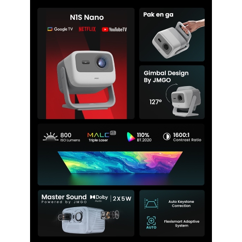 JMGO N1S SE 1080P FHD Triple Laser Smart Projector Google TV Netflix Real-time Auto Screen Fit Dual Speakers Dolby Audio 3D Movie for Home Theater