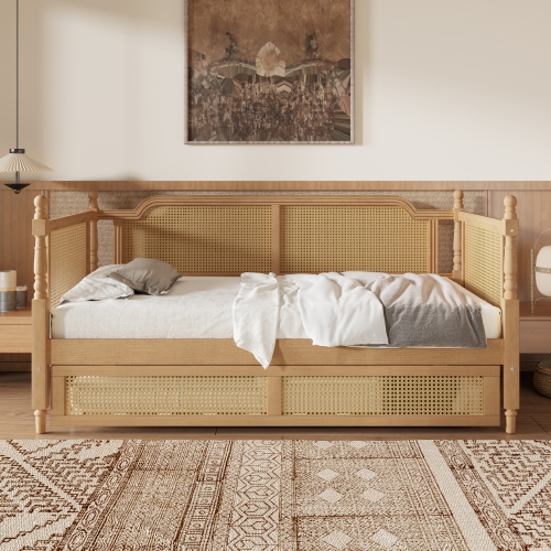 Homy Casa Traditional Rattan Twin Size Daybed Frame with Trundle