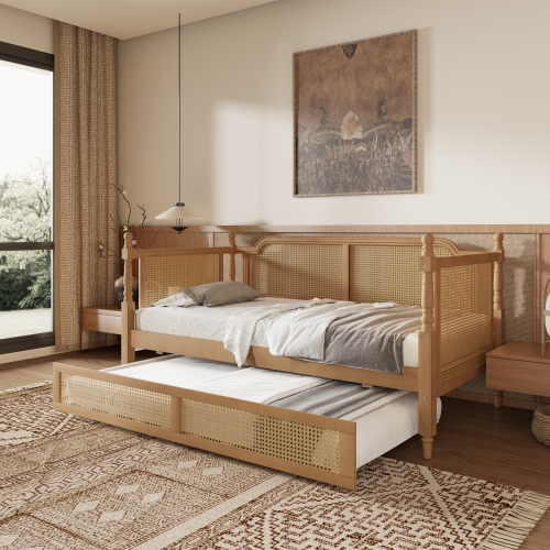 Homy Casa Traditional Rattan Twin Size Daybed Frame with Trundle