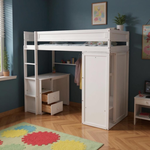 Homy Casa Wood Twin Size Loft Bed with Wardrobes and 2-Drawer Desk