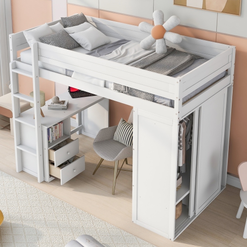 Homy Casa Wood Twin Size Loft Bed with Wardrobes and 2-Drawer Desk