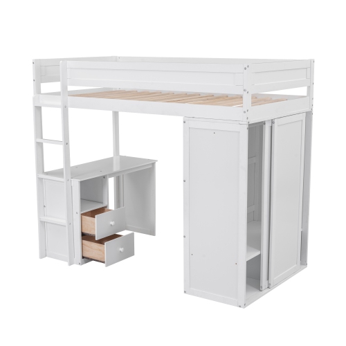 Homy Casa Wood Twin Size Loft Bed with Wardrobes and 2-Drawer Desk