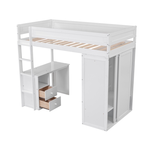 Homy Casa Wood Twin Size Loft Bed with Wardrobes and 2-Drawer Desk