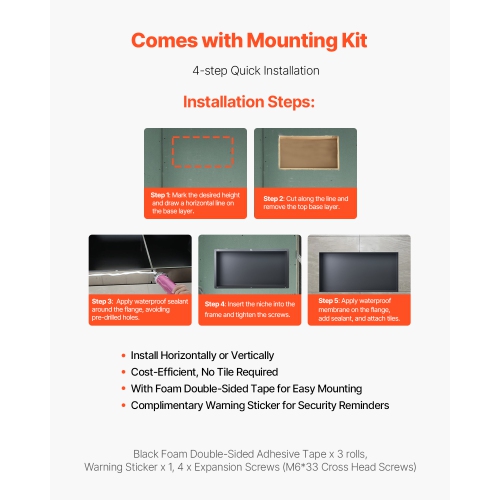 VEVOR 13 x 25 x 4 inch Shower Niche,Frameless Recessed Wall Niche, Heavy-duty Stainless Steel Modern Shampoo Storage Organizer, Sealed Waterproof,