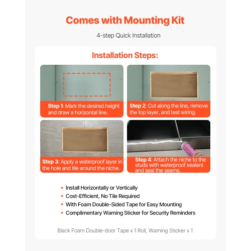 VEVOR 13 x 25 x 4 inch Shower Niche, Recessed Wall Niche, Heavy-duty Stainless Steel Modern Soap & Shampoo Storage Organizer, Sealed Waterproof,