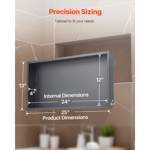 VEVOR 13 x 25 x 4 inch Shower Niche, Recessed Wall Niche, Heavy-duty Stainless Steel Modern Soap & Shampoo Storage Organizer, Sealed Waterproof,