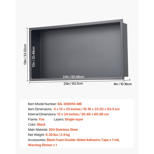 VEVOR 13 x 25 x 4 inch Shower Niche, Recessed Wall Niche, Heavy-duty Stainless Steel Modern Soap & Shampoo Storage Organizer, Sealed Waterproof,