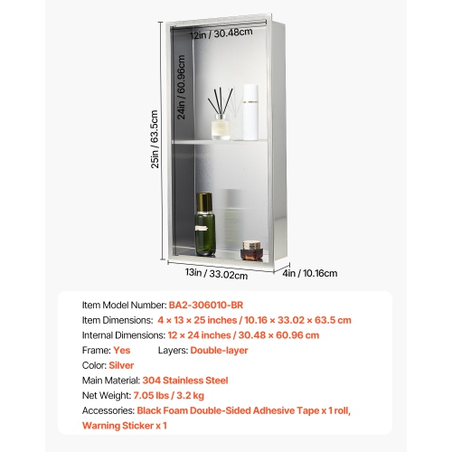 VEVOR 13 x 25 x 4 inch Shower Niche,Recessed Wall Niche Double-layer, with Hollowed-out Divider,Heavy-duty Stainless Steel Modern Shampoo Storage