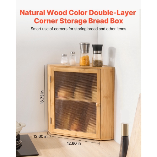 VEVOR Corner Bread Box for Kitchen Counter, Double Layer Large Capacity Bamboo Bread Storage Container, Farmhouse Wooden Breadbox for Homemade Bread,