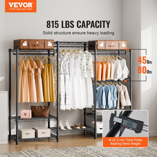 VEVOR Heavy Duty Clothes Rack, Rolling Clothing Garment Rack with 4 Hang Rods & 8 Storage Tiers, Adjustable Custom Closet Rack, Freestanding