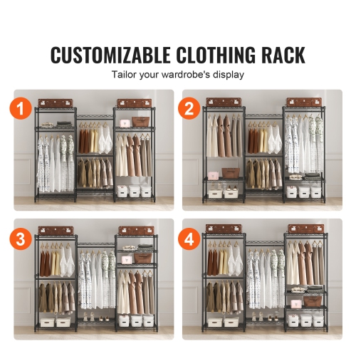 VEVOR Heavy Duty Clothes Rack, Rolling Clothing Garment Rack with 4 Hang Rods & 8 Storage Tiers, Adjustable Custom Closet Rack, Freestanding
