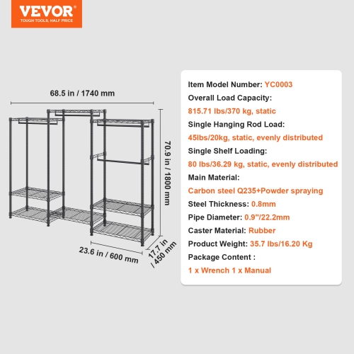 VEVOR Heavy Duty Clothes Rack, Rolling Clothing Garment Rack with 4 Hang Rods & 8 Storage Tiers, Adjustable Custom Closet Rack, Freestanding