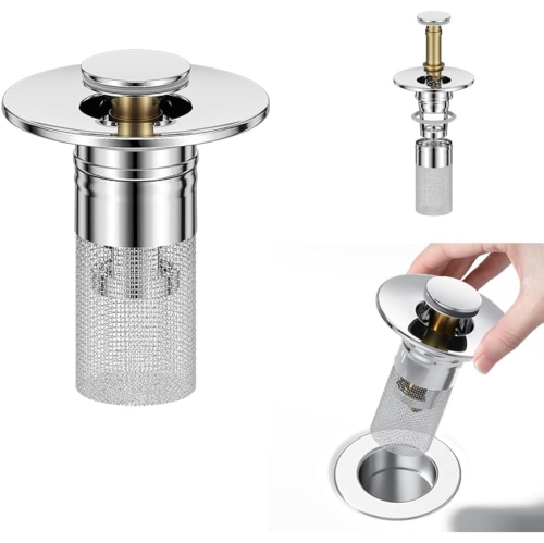 Universal Pop-Up Sink Stopper, 28-33 mm Stainless Steel Drain Plug with Hair Catcher, Anti-Clogging Replacement for Bathroom and Kitchen Sinks 2 pack