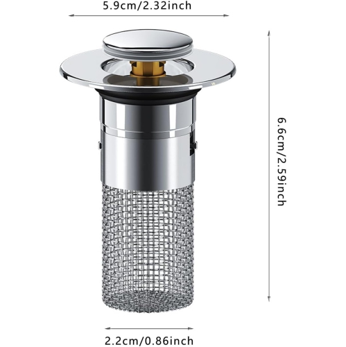 Universal Pop-Up Sink Stopper, 28-33 mm Stainless Steel Drain Plug with Hair Catcher, Anti-Clogging Replacement for Bathroom and Kitchen Sinks