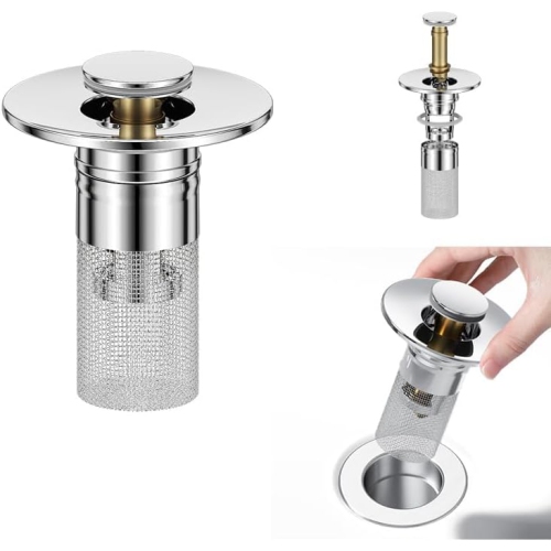 Universal Pop-Up Sink Stopper, 28-33 mm Stainless Steel Drain Plug with Hair Catcher, Anti-Clogging Replacement for Bathroom and Kitchen Sinks 3 pack