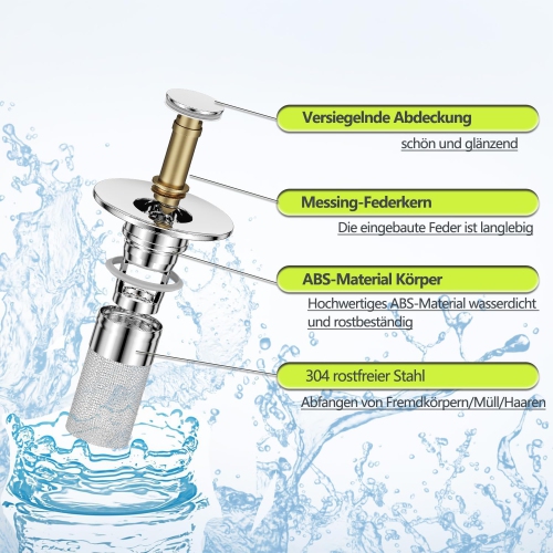 Universal Pop-Up Sink Stopper, 28-33 mm Stainless Steel Drain Plug with Hair Catcher, Anti-Clogging Replacement for Bathroom and Kitchen Sinks 3 pack