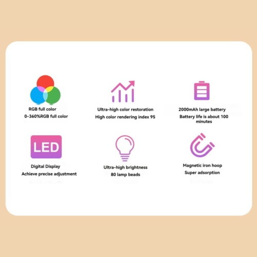 Lampe de poche, lampe de remplissage de téléphone mobile, lumière de surface, RVB pleine couleur, batterie intégrée 2000 mAh avec 80 perles de