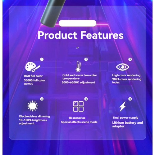 Handheld fluorescent stick, RGB photography light, wireless adjustable stick light, CCT dual color temperature mode, 3000-6500K color temperature,