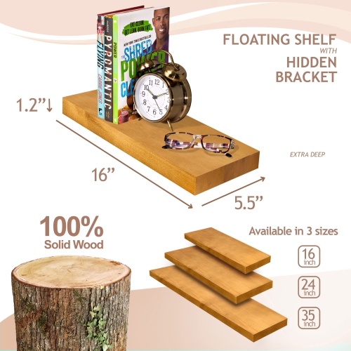 Sorbus 2 Pack 16" Solid Wood Floating Shelves - for Bathroom Decor, Books, Bedroom & Living Room