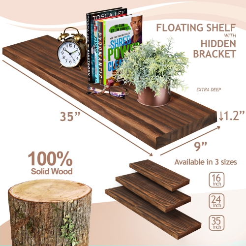 Ensemble de 2 tablettes flottantes en bois massif de 35 po Sorbus - pour la décoration de salle de bain, les livres, la chambre et le salon
