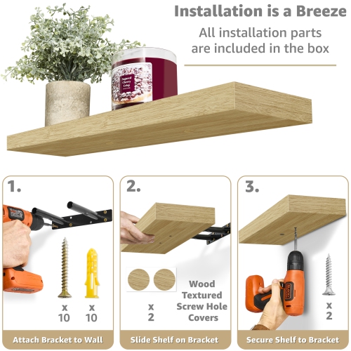 Ensemble de 3 tablettes flottantes rectangulaires Sorbus avec supports invisibles pour la chambre, la cuisine, les tablettes de salle de bain (érable)