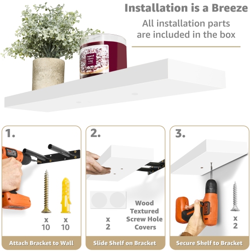 Set of 3 Sorbus Rectangle Floating Shelves with Invisible Brackets - for Bedroom, Kitchen Decor, Bathroom Shelves (White)