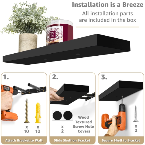 Set of 3 Sorbus Rectangle Floating Shelves with Invisible Brackets - for Bedroom, Kitchen Decor, Bathroom Shelves (Black)