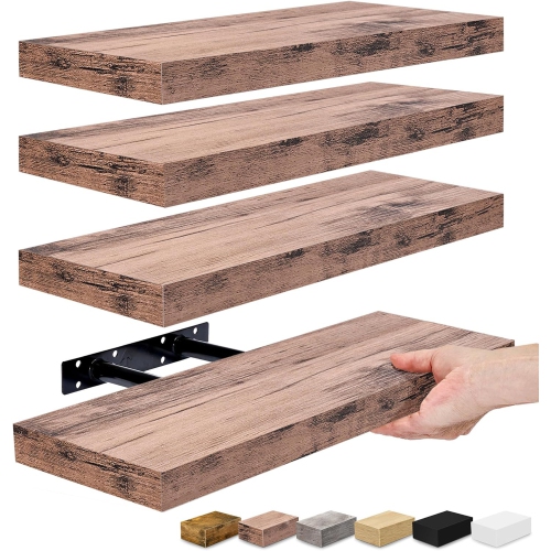 SORBUS  4 Pack 16 Inch Rustic Floating Shelves - for Bedroom, Kitchen, Living Room, Office - Floating Shelf for Trophies, Books, Frames, Etc