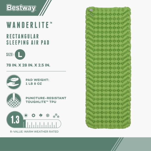 Bestway – Grand coussin gonflable rectangulaire de couchage WanderLite avec sac de rangement, vert