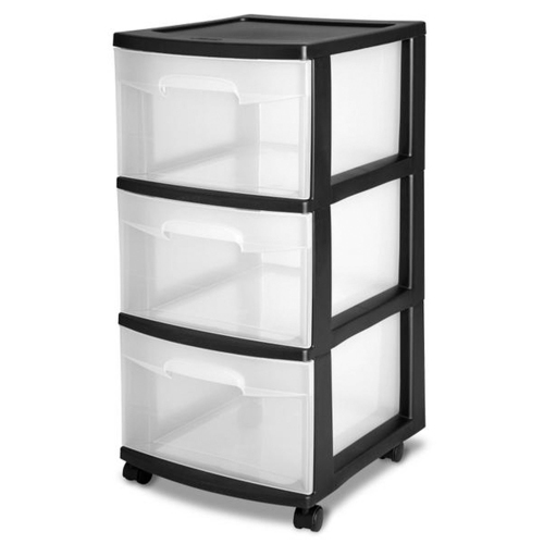STERILITE  3 Drawer Plastic Rolling Storage Cart, Clear With Frame (6-Pack) In Black I have one of these, and I love it! It works great for storage in my classroom!