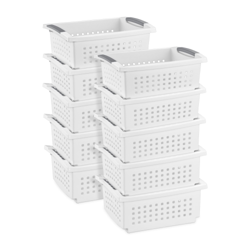 STERILITE  Medium Plastic Stackable Storage Organizer Basket Bin (10 Pack) In White These are great for organizing my home, office supplies, and classroom/teaching materials