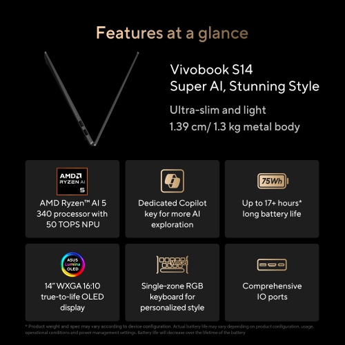 ASUS Vivobook S14 Thin & Light Laptop; Copilot+ PC