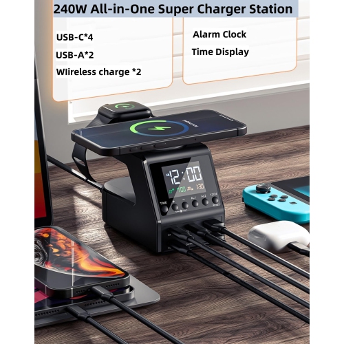 Multi USB C Charger Station 240W,10 in1 Fast Charger with Digital Clock, 140W/100W/65W PD 3.1 QC 3.0 Fast Charging and 15W Wireless Charging