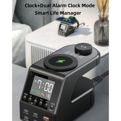 Multi USB C Charger Station 240W,10 in1 Fast Charger with Digital Clock, 140W/100W/65W PD 3.1 QC 3.0 Fast Charging and 15W Wireless Charging