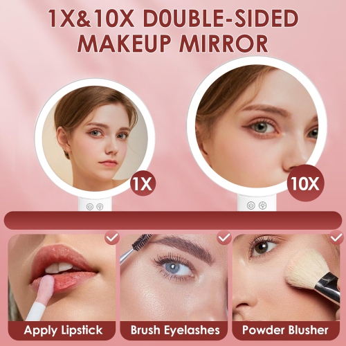Miroir grossissant portatif avec lumière, miroir de maquillage lumineux à 2 côtés 1X/10X pour le maquillage miroir de table pour le maquillage