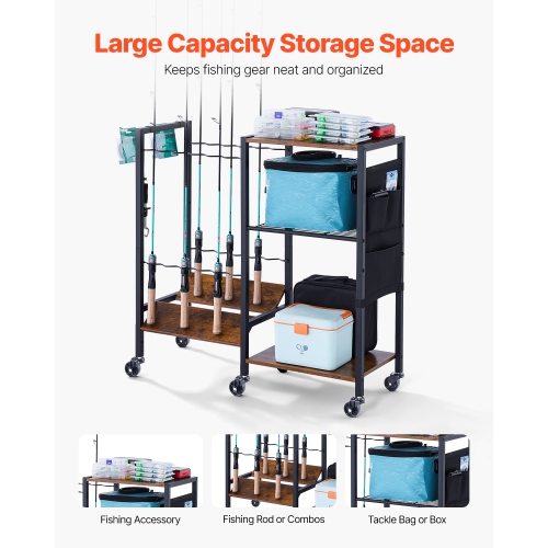 Porte-canne à pêche VEVOR pour 12 tiges, support mobile pour poteau à roulettes, range-tout pour matériel de pêche pour garage intérieur, rangement