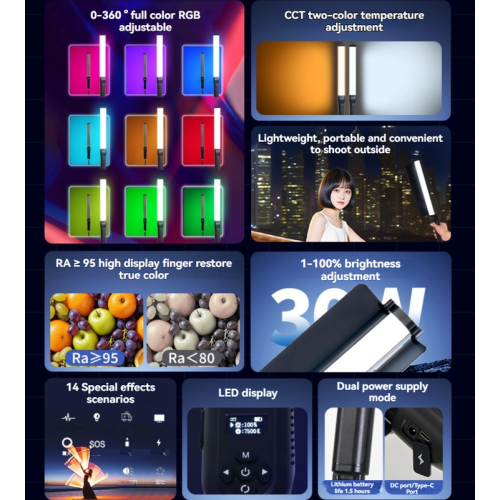 Portable Handheld LED Photography Light Stick - 30W Full-Color RGB, Built-in High-Energy Lithium Battery, CCT Dual Color Temperature Modes, LED