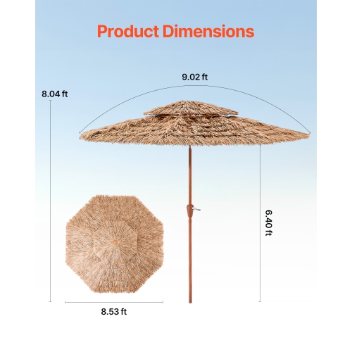 VEVOR 9 ft Tiki Umbrella, Thatched Patio Umbrella with Tilt, 2-Tier Hawaiian Style Beach Parasol with PP Thatch and 8 Metal Ribs, Grass Pool