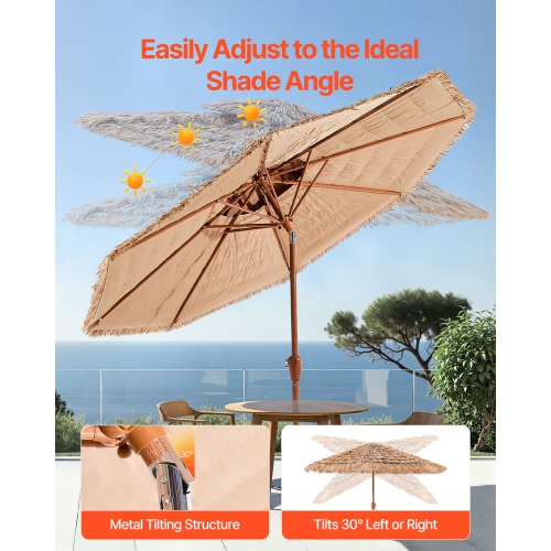 VEVOR 9 ft Tiki Umbrella, Thatched Patio Umbrella with Tilt, 2-Tier Hawaiian Style Beach Parasol with PP Thatch and 8 Metal Ribs, Grass Pool