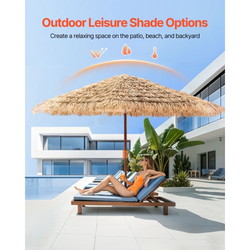 VEVOR 9 ft Tiki Umbrella, Thatched Patio Umbrella with Tilt, Hawaiian Style Beach Parasol with Durable PP Thatch and 8 Metal Ribs, Grass Pool