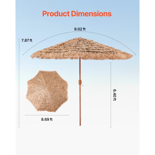 VEVOR 9 ft Tiki Umbrella, Thatched Patio Umbrella with Tilt, Hawaiian Style Beach Parasol with Durable PP Thatch and 8 Metal Ribs, Grass Pool
