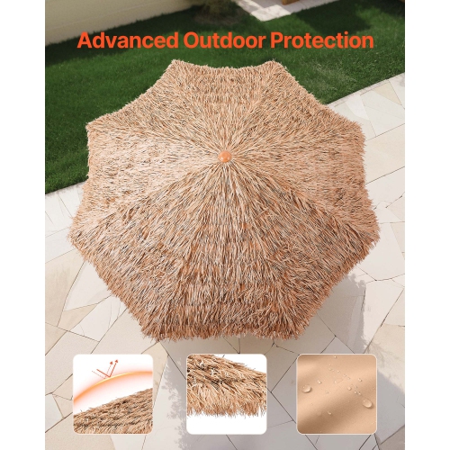 VEVOR 9 ft Tiki Umbrella, Thatched Patio Umbrella with Tilt, Hawaiian Style Beach Parasol with Durable PP Thatch and 8 Metal Ribs, Grass Pool