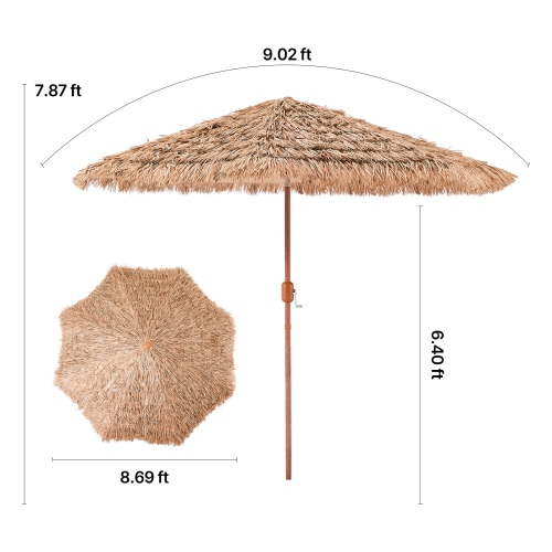 VEVOR 9 ft Tiki Umbrella, Thatched Patio Umbrella with Tilt, Hawaiian Style Beach Parasol with Durable PP Thatch and 8 Metal Ribs, Grass Pool