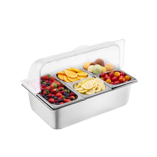 VEVOR 5 Pan Countertop Food Serving Display Container, Stainless Steel Food Serving Tray, Buffet Condiment Dispenser Display Rack with Clear Lid & 3