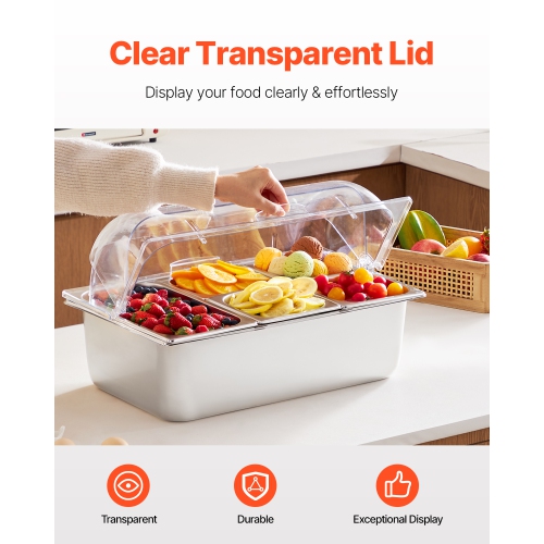 VEVOR 5 Pan Countertop Food Serving Display Container, Stainless Steel Food Serving Tray, Buffet Condiment Dispenser Display Rack with Clear Lid & 3