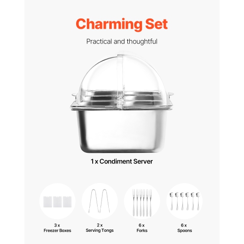 VEVOR 5 Pan Countertop Food Serving Display Container, Stainless Steel Food Serving Tray, Buffet Condiment Dispenser Display Rack with Clear Lid & 3