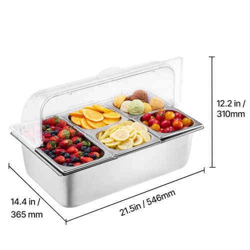 VEVOR 5 Pan Countertop Food Serving Display Container, Stainless Steel Food Serving Tray, Buffet Condiment Dispenser Display Rack with Clear Lid & 3
